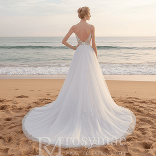 Gorgeous Spaghetti Straps Floral Lace A-Line Wedding Dress - Rosymae