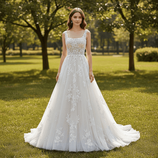 Gorgeous Square Neckline Plus Size Wedding Dresses with Tulle Lace - Rosymae