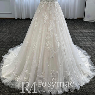 Gorgeous Square Neckline Plus Size Wedding Dresses with Tulle Lace - Rosymae