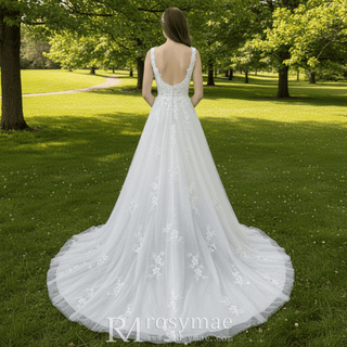 Gorgeous Square Neckline Plus Size Wedding Dresses with Tulle Lace - Rosymae