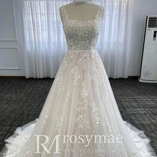 Gorgeous Square Neckline Plus Size Wedding Dresses with Tulle Lace - Rosymae