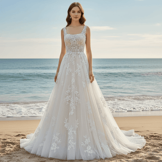 Gorgeous Square Neckline Plus Size Wedding Dresses with Tulle Lace - Rosymae