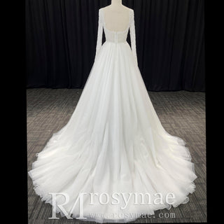 Gorgeous Square Neckline Wedding Dresses with Long Sleeves for Bride - Rosymae