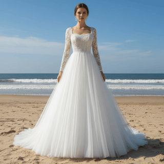 Gorgeous Square Neckline Wedding Dresses with Long Sleeves for Bride - Rosymae