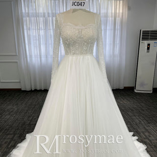 Gorgeous Square Neckline Wedding Dresses with Long Sleeves for Bride - Rosymae