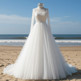 Gorgeous Square Neckline Wedding Dresses with Long Sleeves for Bride - Rosymae