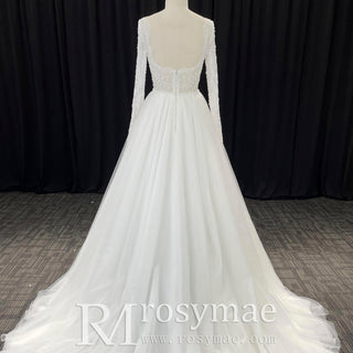 Gorgeous Square Neckline Wedding Dresses with Long Sleeves for Bride - Rosymae