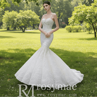 Gorgeous Trumpet Pearls Wedding Dress with Spaghetti Strap - Rosymae