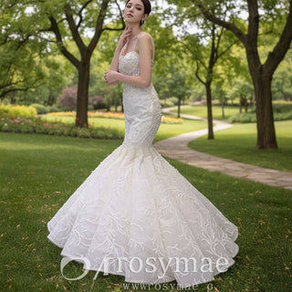 Gorgeous Trumpet Pearls Wedding Dress with Spaghetti Strap - Rosymae