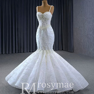Gorgeous Trumpet Pearls Wedding Dress with Spaghetti Strap - Rosymae