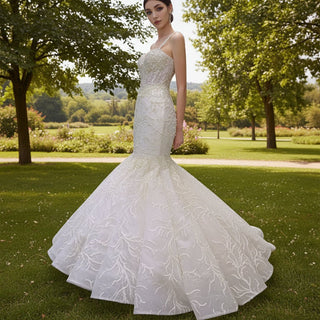 Gorgeous Trumpet Pearls Wedding Dress with Spaghetti Strap - Rosymae