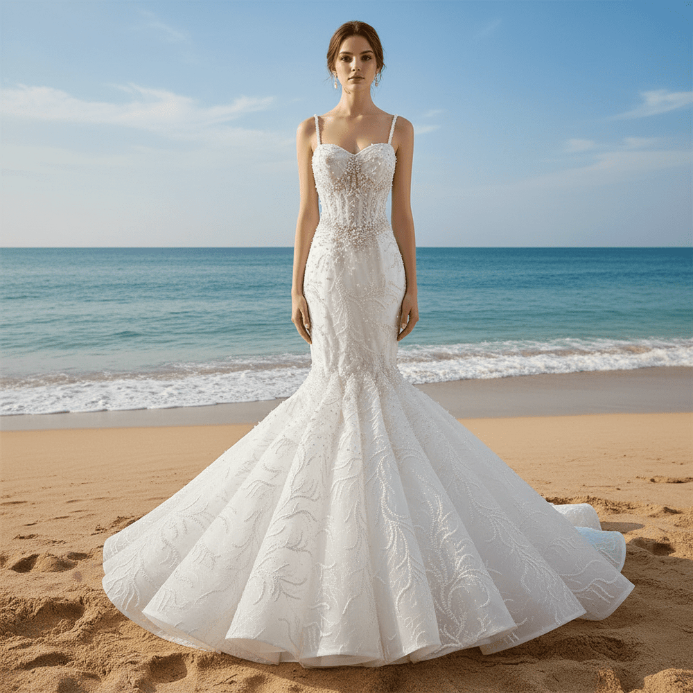Gorgeous Trumpet Pearls Wedding Dress with Spaghetti Strap