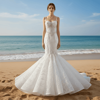 Gorgeous Trumpet Pearls Wedding Dress with Spaghetti Strap - Rosymae