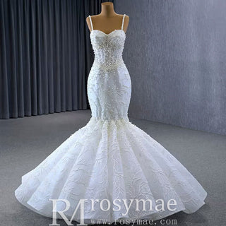 Gorgeous Trumpet Pearls Wedding Dress with Spaghetti Strap - Rosymae