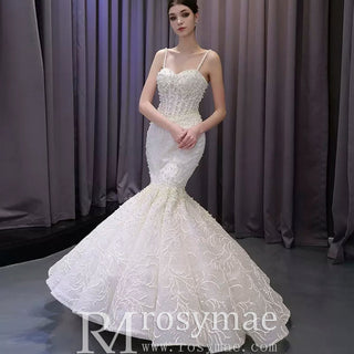 Gorgeous Trumpet Pearls Wedding Dress with Spaghetti Strap - Rosymae