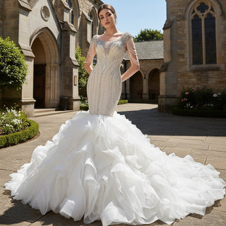 Gorgeous White Mermaid Beading Detachable Cascading Ruffles Wedding Dresses - Rosymae