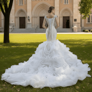 Gorgeous White Mermaid Beading Detachable Cascading Ruffles Wedding Dresses - Rosymae