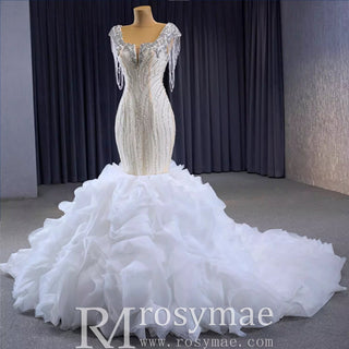 Gorgeous White Mermaid Beading Detachable Cascading Ruffles Wedding Dresses - Rosymae
