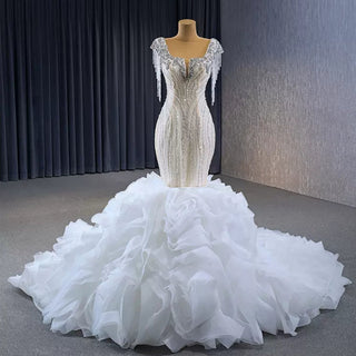 Gorgeous White Mermaid Beading Detachable Cascading Ruffles Wedding Dresses - Rosymae