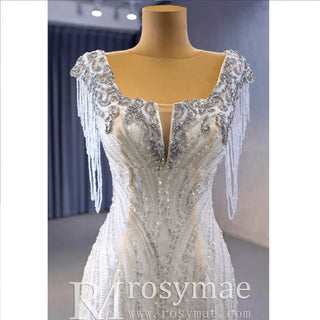 Gorgeous White Mermaid Beading Detachable Cascading Ruffles Wedding Dresses - Rosymae