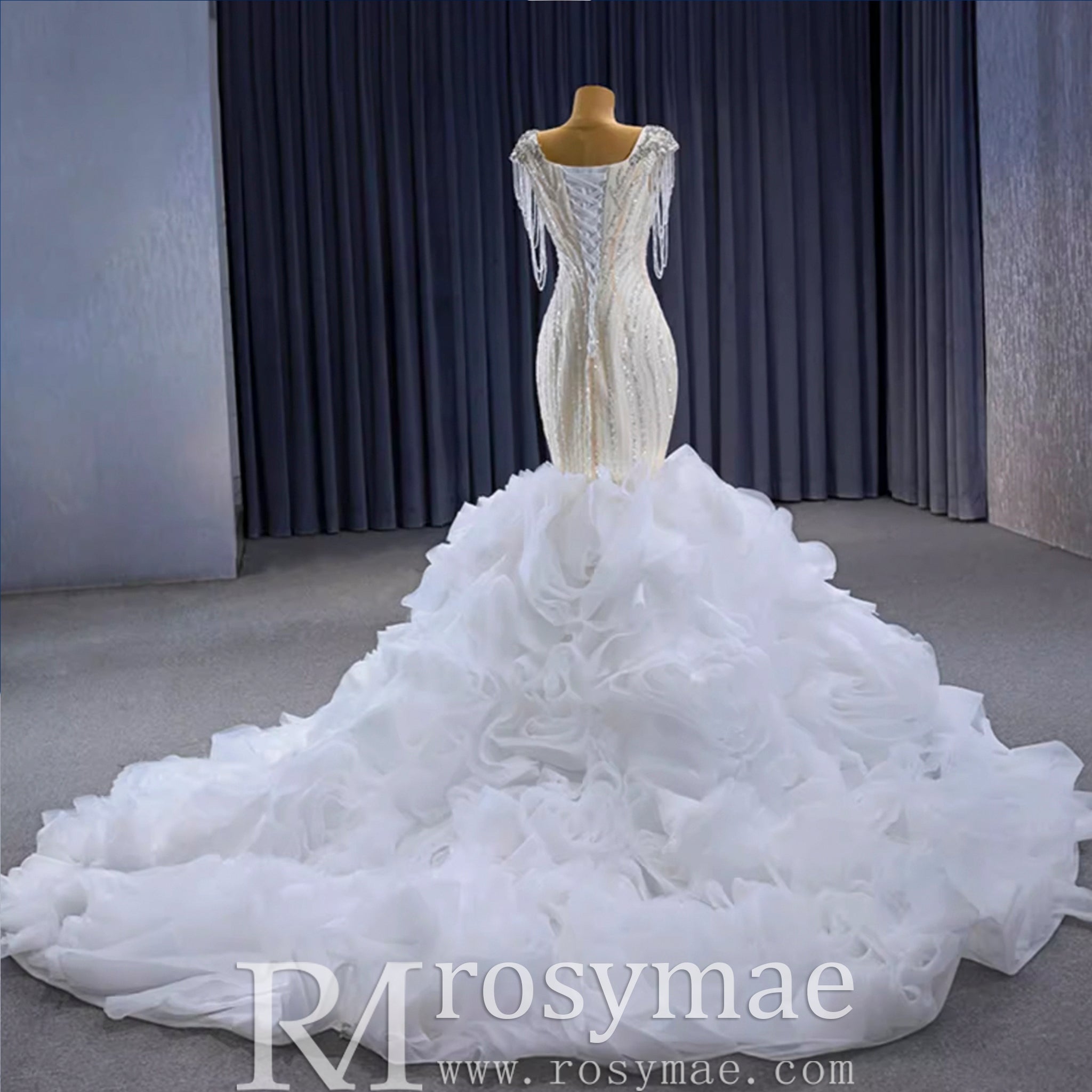 Gorgeous White Mermaid Beading Detachable Cascading Ruffles Wedding Dresses - Rosymae