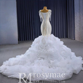 Gorgeous White Mermaid Beading Detachable Cascading Ruffles Wedding Dresses - Rosymae