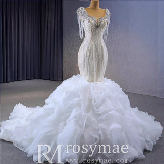 Gorgeous White Mermaid Beading Detachable Cascading Ruffles Wedding Dresses - Rosymae