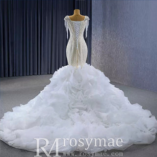 Gorgeous White Mermaid Beading Detachable Cascading Ruffles Wedding Dresses - Rosymae