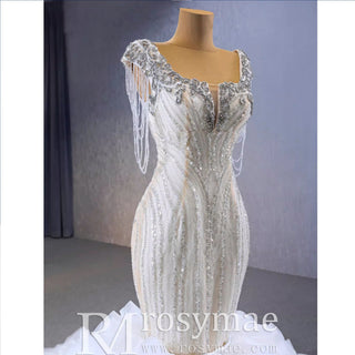Gorgeous White Mermaid Beading Detachable Cascading Ruffles Wedding Dresses - Rosymae