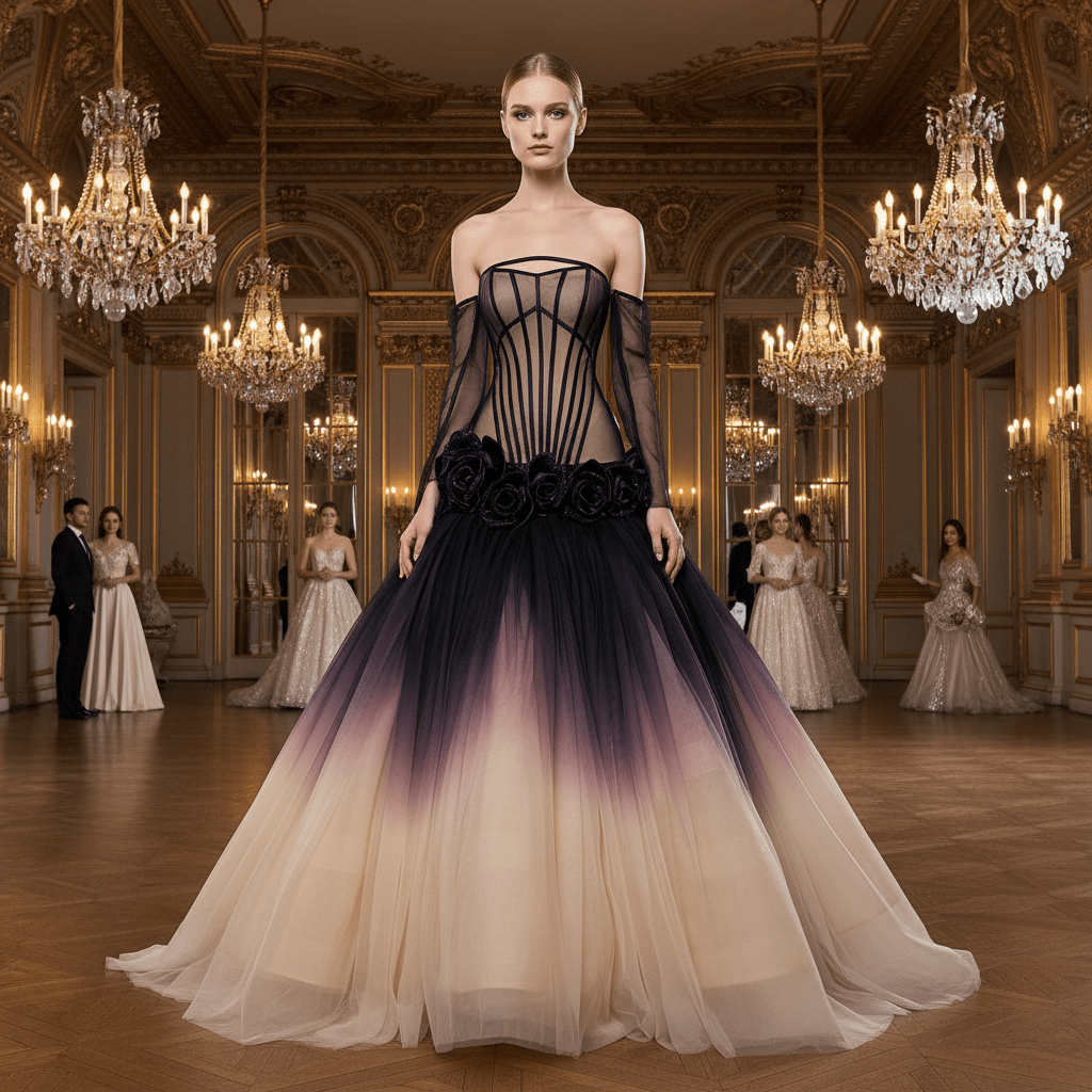 Gothic Ombre Evening Gown with Black Illusion Corset and 3D Flower Appliqués - Rosymae