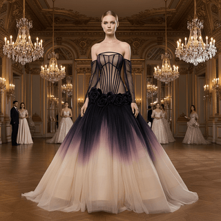 Gothic Ombre Evening Gown with Black Illusion Corset and 3D Flower Appliqués - Rosymae