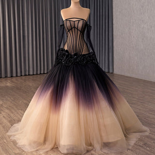 Gothic Ombre Evening Gown with Black Illusion Corset and 3D Flower Appliqués - Rosymae
