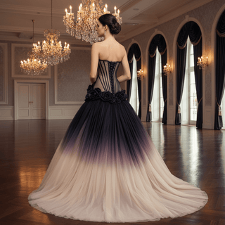 Gothic Ombre Evening Gown with Black Illusion Corset and 3D Flower Appliqués - Rosymae