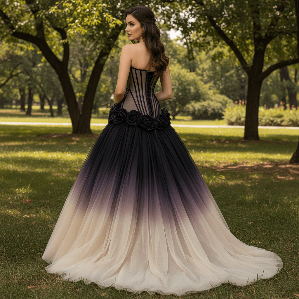 Gothic Ombre Evening Gown with Black Illusion Corset and 3D Flower Appliqués - Rosymae