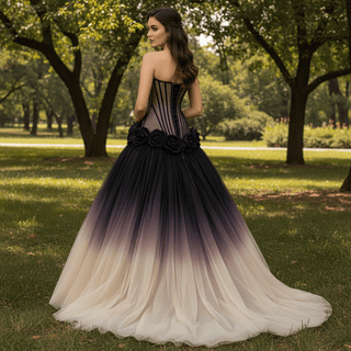 Gothic Ombre Evening Gown with Black Illusion Corset and 3D Flower Appliqués - Rosymae