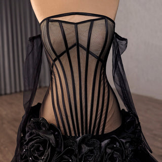 Gothic Ombre Evening Gown with Black Illusion Corset and 3D Flower Appliqués - Rosymae