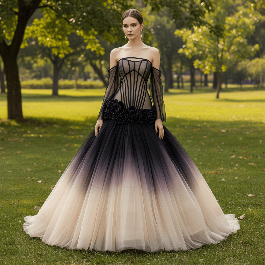 Gothic Ombre Evening Gown with Black Illusion Corset and 3D Flower Appliqués - Rosymae