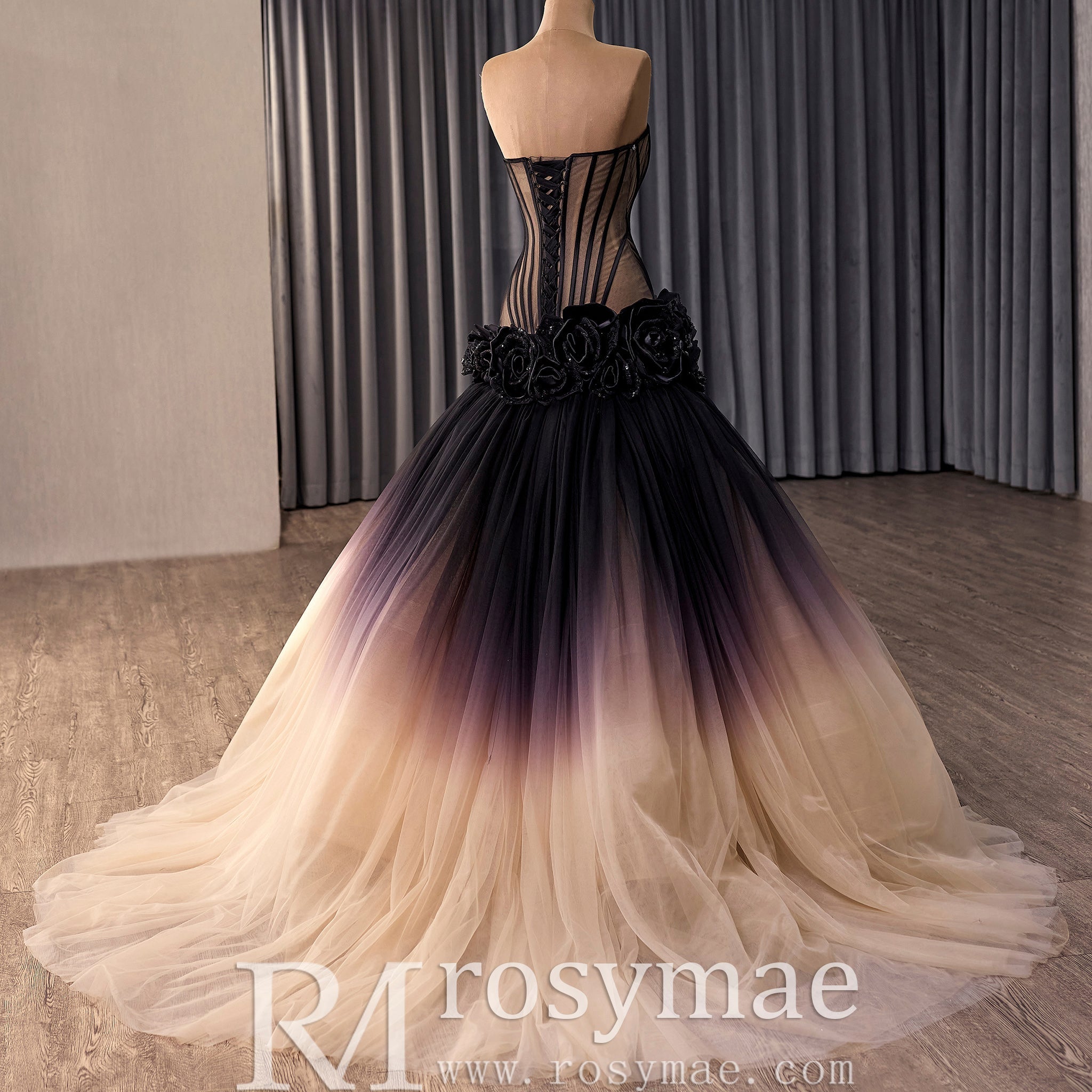Gothic Ombre Evening Gown with Black Illusion Corset and 3D Flower Appliqués - Rosymae