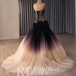 Gothic Ombre Evening Gown with Black Illusion Corset and 3D Flower Appliqués - Rosymae