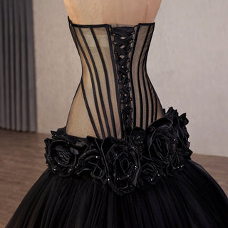 Gothic Ombre Evening Gown with Black Illusion Corset and 3D Flower Appliqués - Rosymae