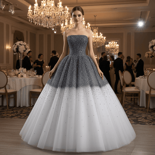 Gradient Black-to-White Quinceanera Dress with Beaded Corset Bodice & Voluminous Tulle Skirt - Rosymae