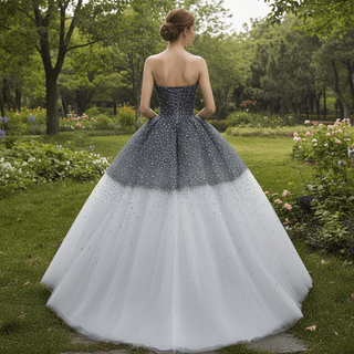 Gradient Black-to-White Quinceanera Dress with Beaded Corset Bodice & Voluminous Tulle Skirt - Rosymae