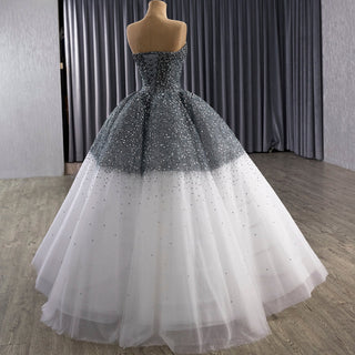 Gradient Black-to-White Quinceanera Dress with Beaded Corset Bodice & Voluminous Tulle Skirt - Rosymae