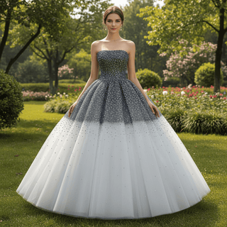 Gradient Black-to-White Quinceanera Dress with Beaded Corset Bodice & – Rosymae