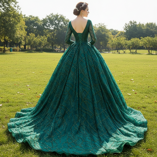 Fashion Long Sleeves Ball Gown Green Deep V Neck Prom Dress