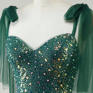 Green Mermaid Sequin Formal Dress with Iridescent Floral Glitter and Floor-Length Flared Hem - Rosymae