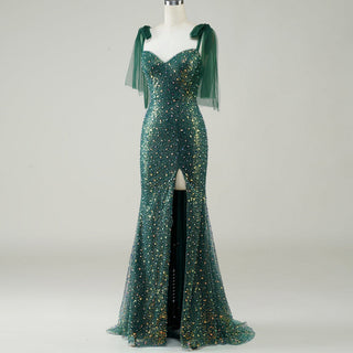Green Mermaid Sequin Formal Dress with Iridescent Floral Glitter and Floor-Length Flared Hem - Rosymae