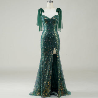 Green Mermaid Sequin Formal Dress with Iridescent Floral Glitter and Floor-Length Flared Hem - Rosymae