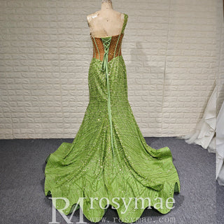 Green One Shoulder Long Evening Dress Formal Gown with Leg Slit - Rosymae