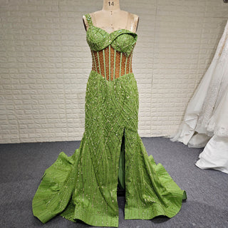 Green One Shoulder Long Evening Dress Formal Gown with Leg Slit - Rosymae